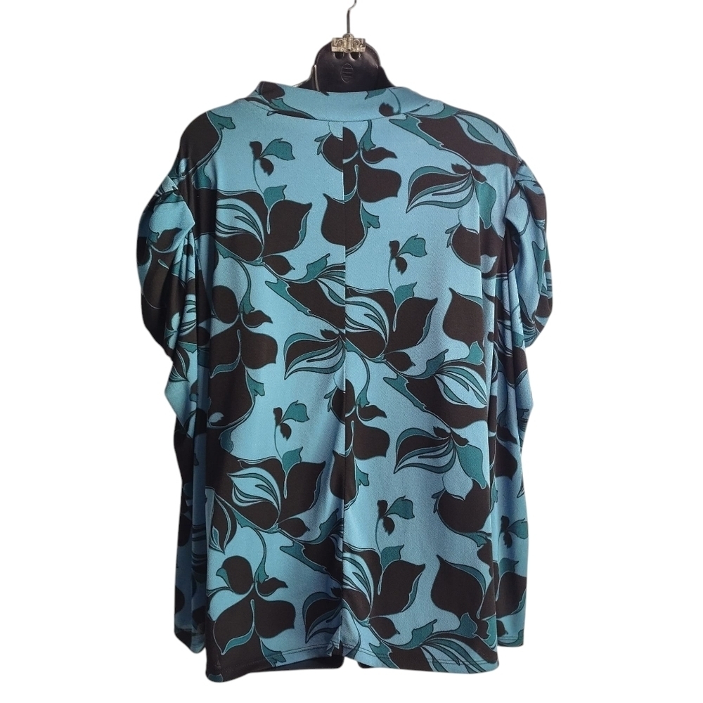 Cato Top Blouse Womens Teal Blue Black Floral Mock Neck Ruched Shoulder Sz 18/20 - Picture 2 of 10